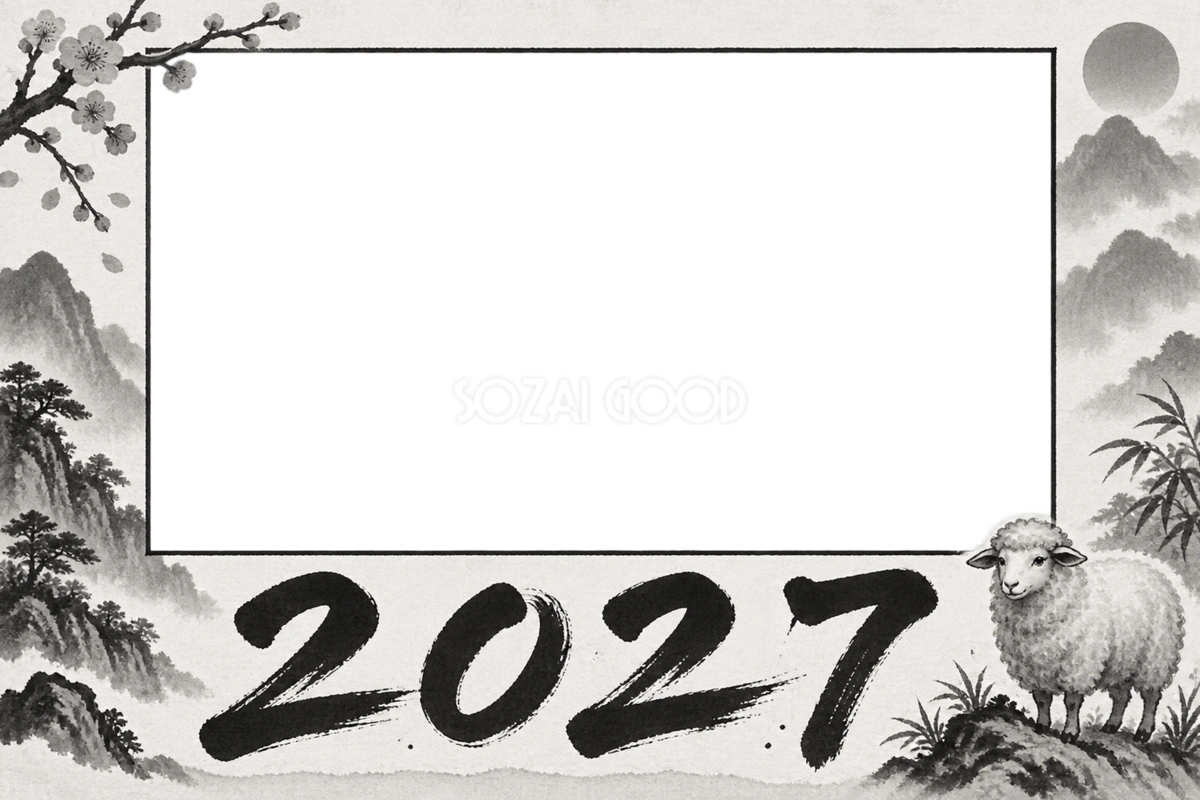 2027未年|白黒筆文字とかわいい羊の年賀状フレーム・無料イラスト97433