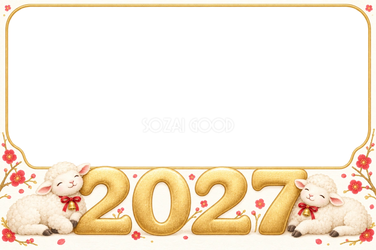 2027未年|数字に寄り添うかわいい子羊の年賀状フレーム・無料イラスト97434