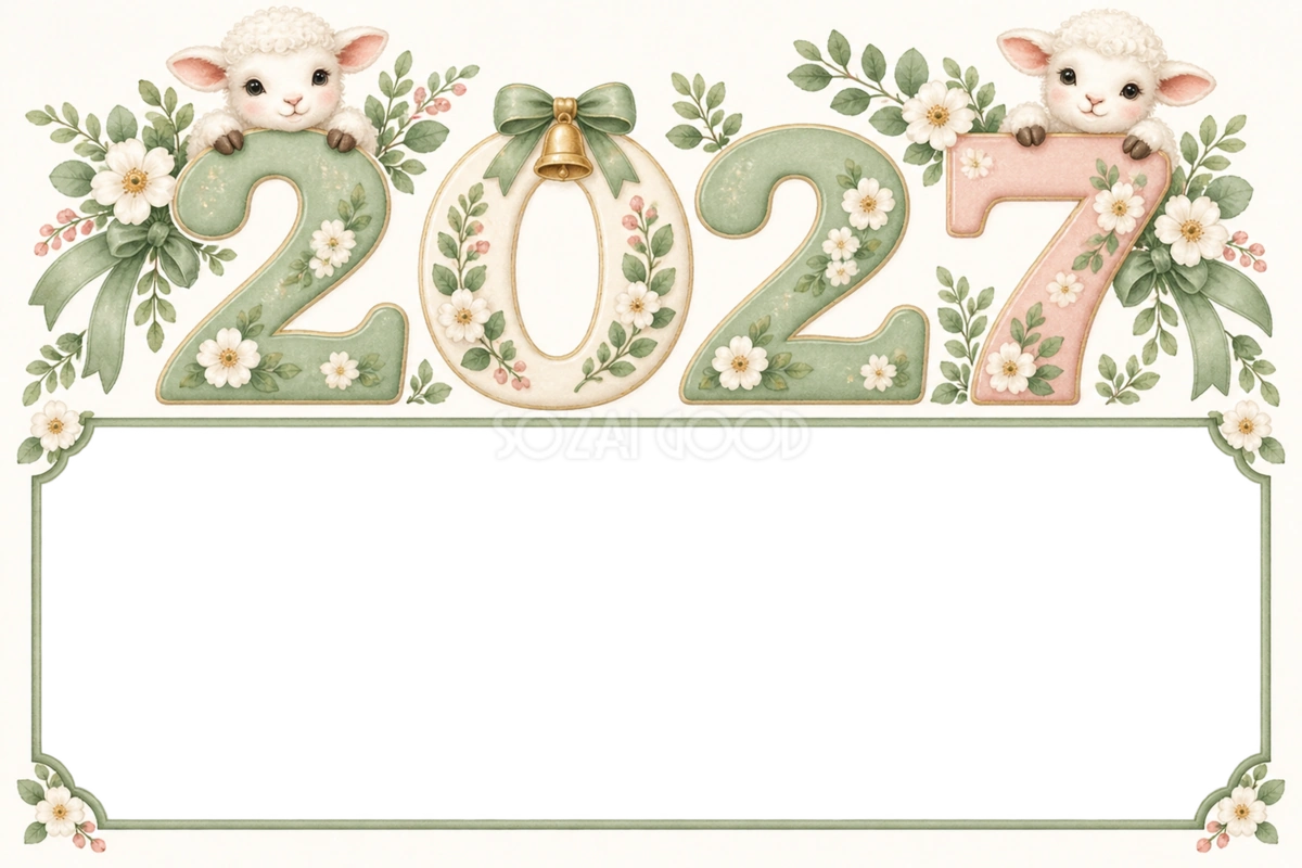 2027未年|数字からのぞくかわいい羊の年賀状フレーム・無料イラスト97435