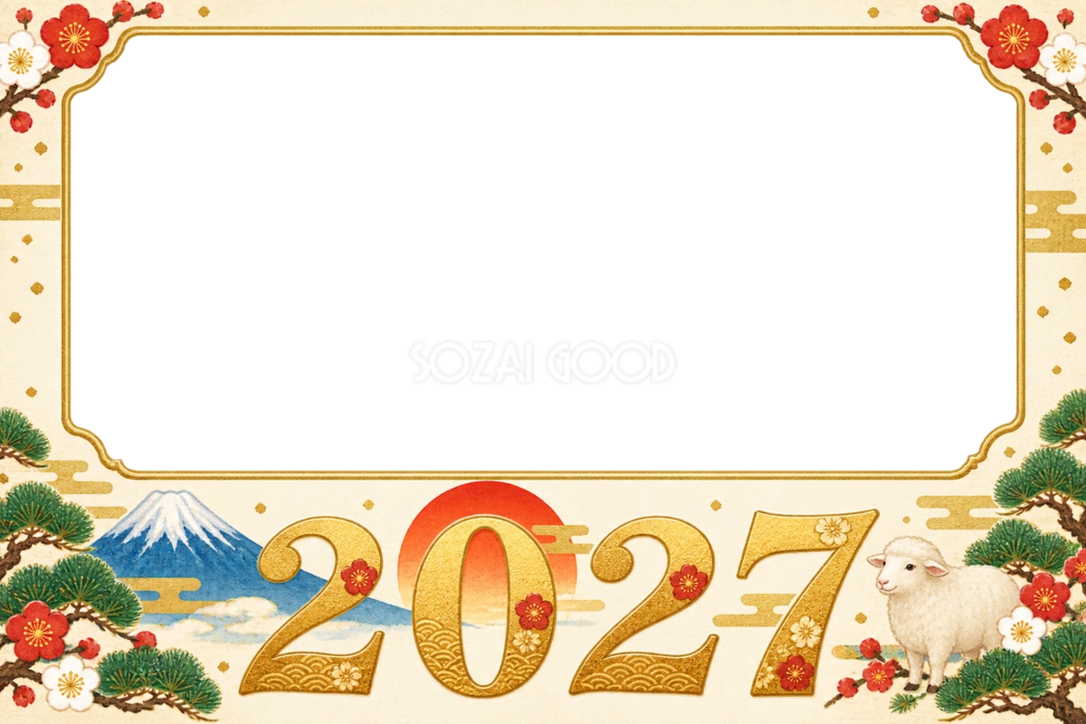 2027未年|富士山・初日の出とかわいい羊の年賀状フレーム・無料イラスト97436
