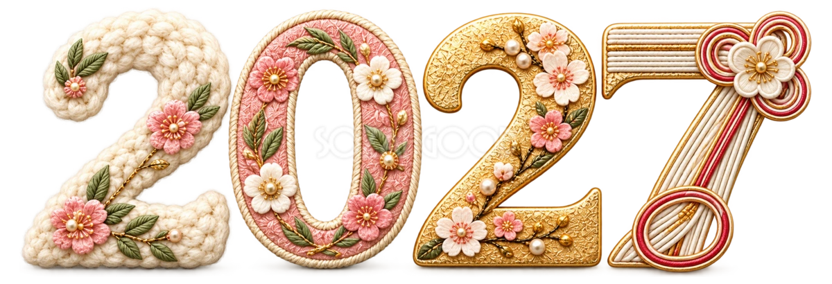 羊毛・刺繍・金箔・水引の2027文字・ロゴ|未年・羊の年賀状無料イラスト97451