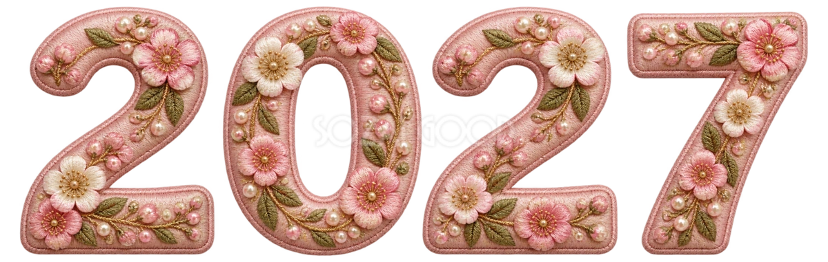 桃色の立体刺繍と花の2027文字・ロゴ|未年・羊の年賀状無料イラスト97456