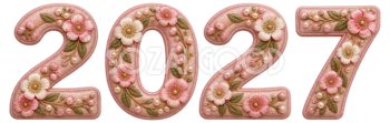 桃色の立体刺繍と花の2027文字・ロゴ｜未年・羊の年賀状無料イラスト97456