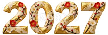 金箔和紙と紅白梅の2027文字・ロゴ｜未年・羊の年賀状無料イラスト97457