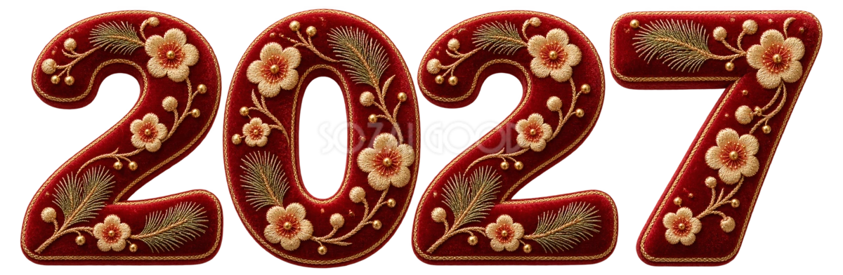 深紅ベルベットと金刺繍の2027文字・ロゴ|未年・羊の年賀状無料イラスト97461