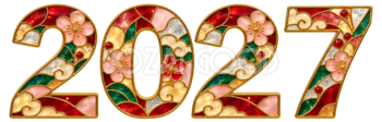 ステンドグラスと金枠の2027文字・ロゴ｜未年・羊の年賀状無料イラスト97464