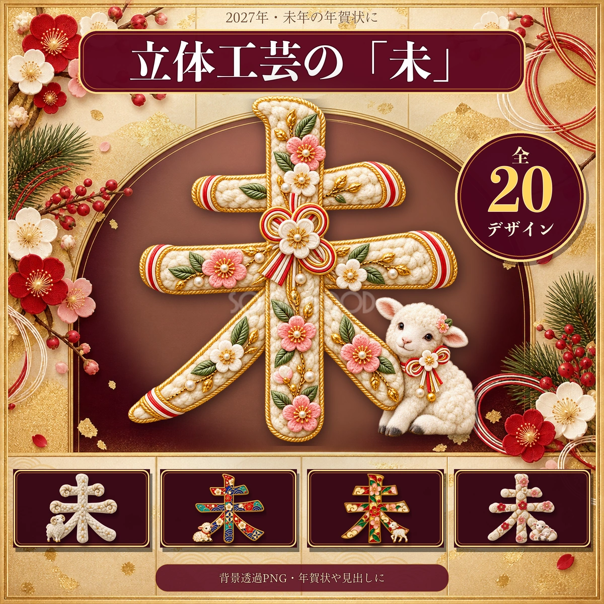 2027年・未年（羊）の年賀状ロゴ・文字20選｜立体工芸イラスト97471