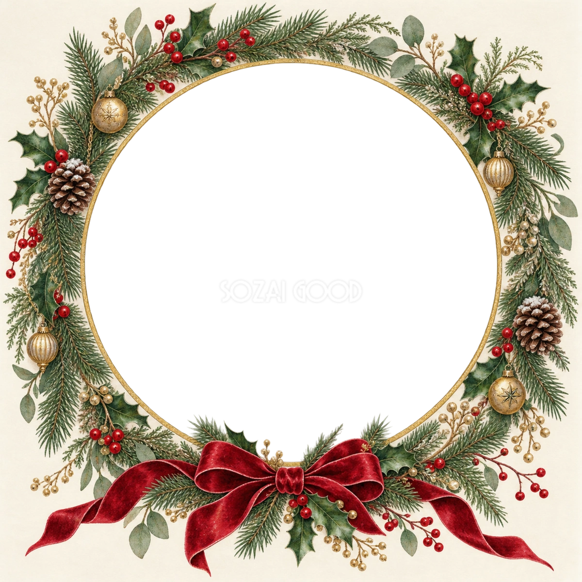 クリスマスリースの丸窓写真フレーム|赤いリボンと飾り枠の無料イラスト97493