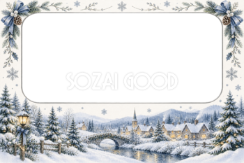 雪景色のクリスマス写真フレーム｜青と銀の横長枠の無料イラスト97495