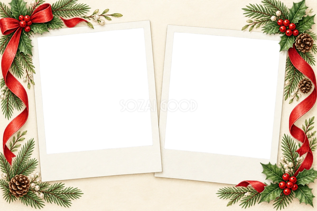 写真2枚のクリスマスフレーム|白いカードを並べた枠の無料イラスト97496