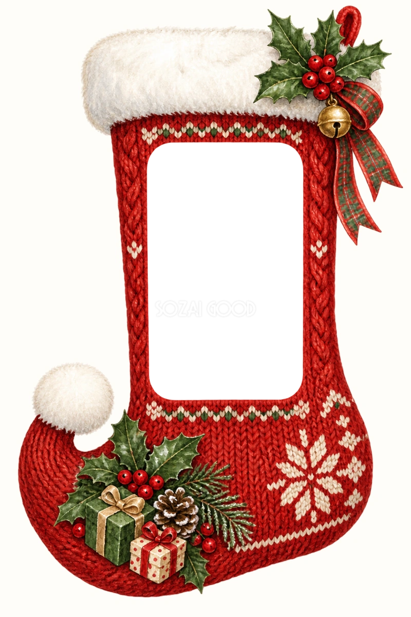 赤い靴下のクリスマス写真フレーム|ニット模様の縦長枠の無料イラスト97500