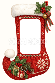 赤い靴下のクリスマス写真フレーム｜ニット模様の縦長枠の無料イラスト97500