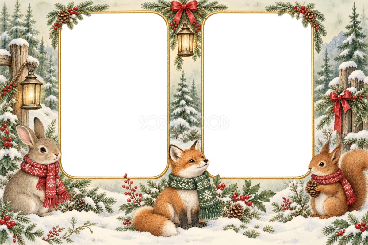 森の動物のクリスマス写真フレーム|写真2枚を並べる枠の無料イラスト97502