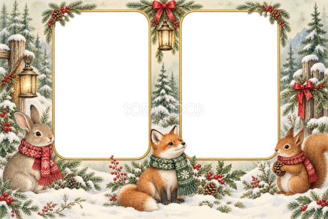 森の動物のクリスマス写真フレーム｜写真2枚を並べる枠の無料イラスト