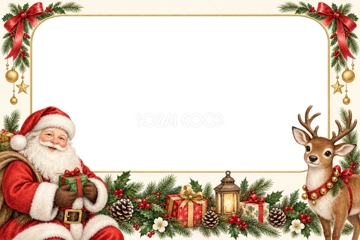 サンタとトナカイのクリスマス写真フレーム|かわいい横長枠の無料イラスト97503