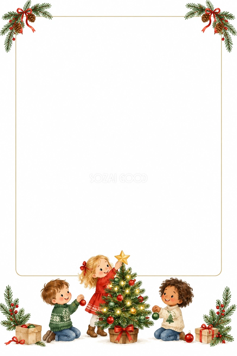 園児とツリーのクリスマスフレーム|写真も飾れるおたより枠の無料イラスト97507