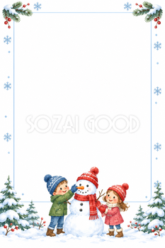 雪だるまと子どものクリスマスフレーム｜文章・写真を飾る枠の無料イラスト97515