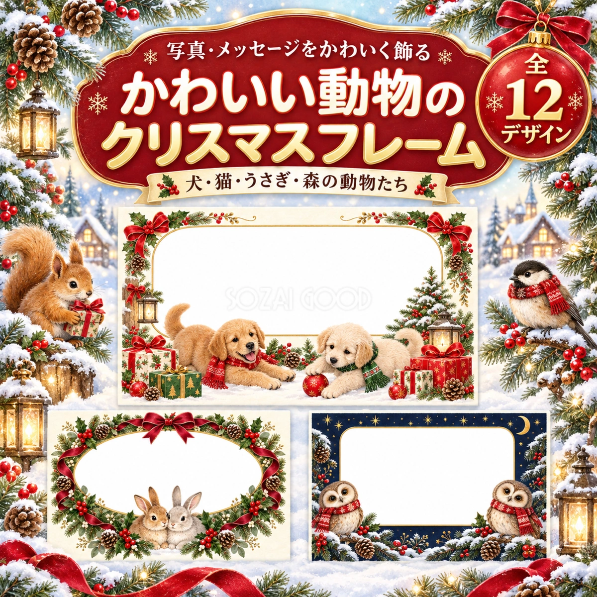 かわいい動物のクリスマス写真フレーム12選|飾り枠の無料イラスト97518