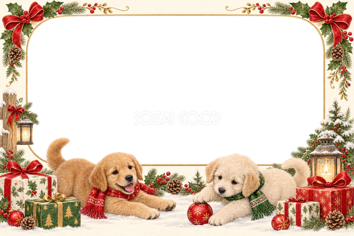子犬とプレゼントのクリスマス写真フレーム|かわいい犬の枠の無料イラスト97519