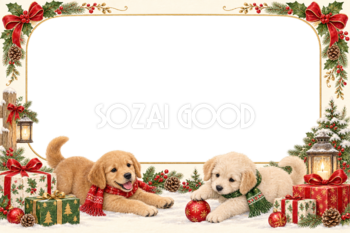 子犬とプレゼントのクリスマス写真フレーム｜かわいい犬の枠の無料イラスト97519