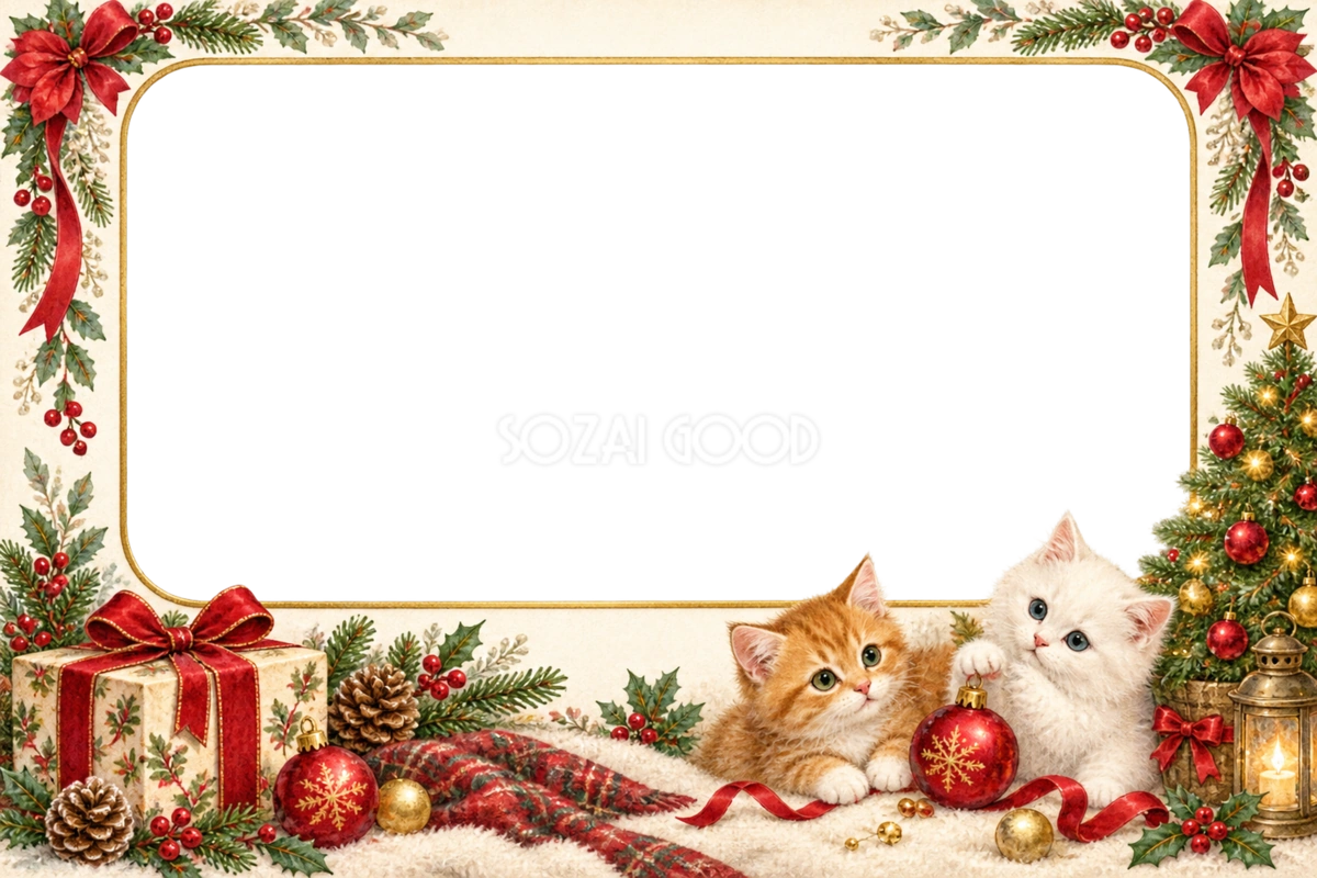 子猫とツリーのクリスマス写真フレーム|かわいい猫の枠の無料イラスト97520