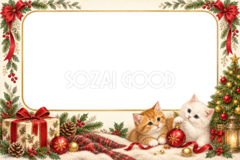 子猫とツリーのクリスマス写真フレーム｜かわいい猫の枠の無料イラスト97520