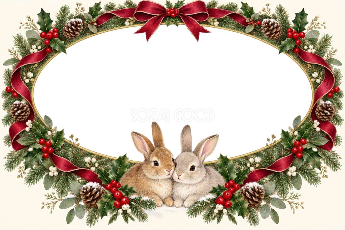 うさぎとリースのクリスマス写真フレーム|楕円の飾り枠の無料イラスト97521