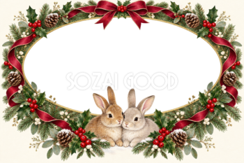 うさぎとリースのクリスマス写真フレーム｜楕円の飾り枠の無料イラスト97521