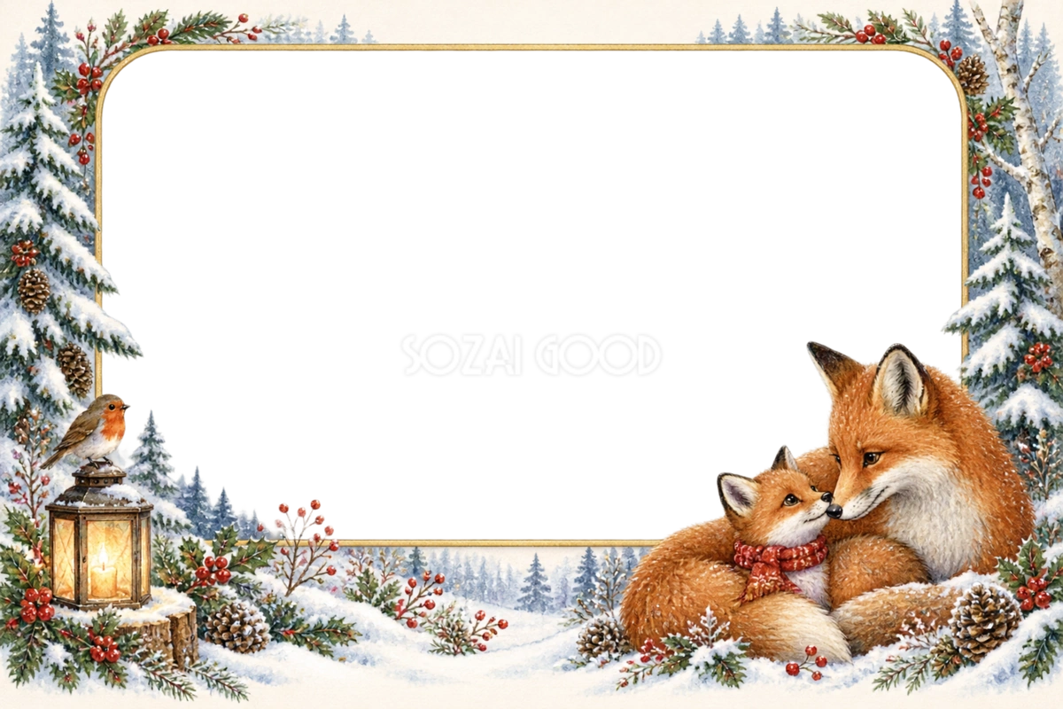 キツネと雪の森のクリスマス写真フレーム|冬の飾り枠の無料イラスト97522
