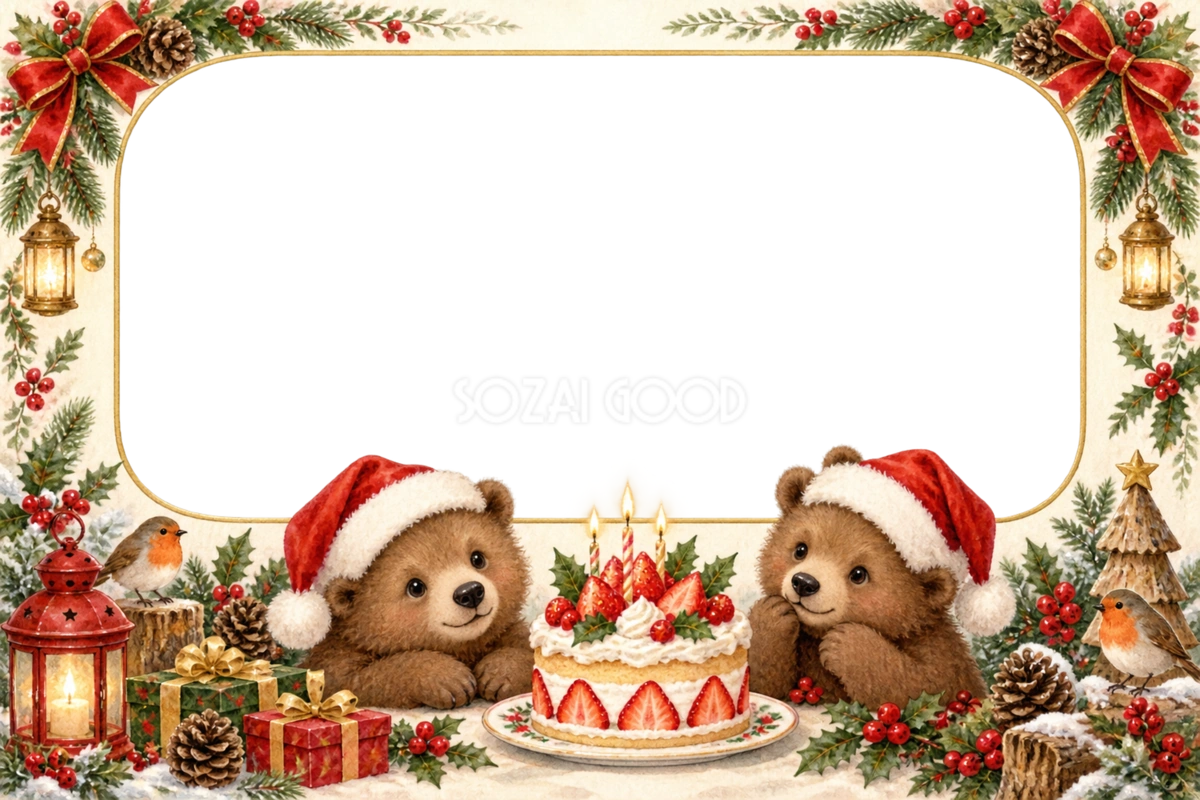クマとケーキのクリスマス写真フレーム|かわいい飾り枠の無料イラスト97523