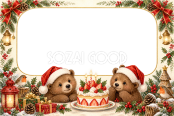クマとケーキのクリスマス写真フレーム｜かわいい飾り枠の無料イラスト97523
