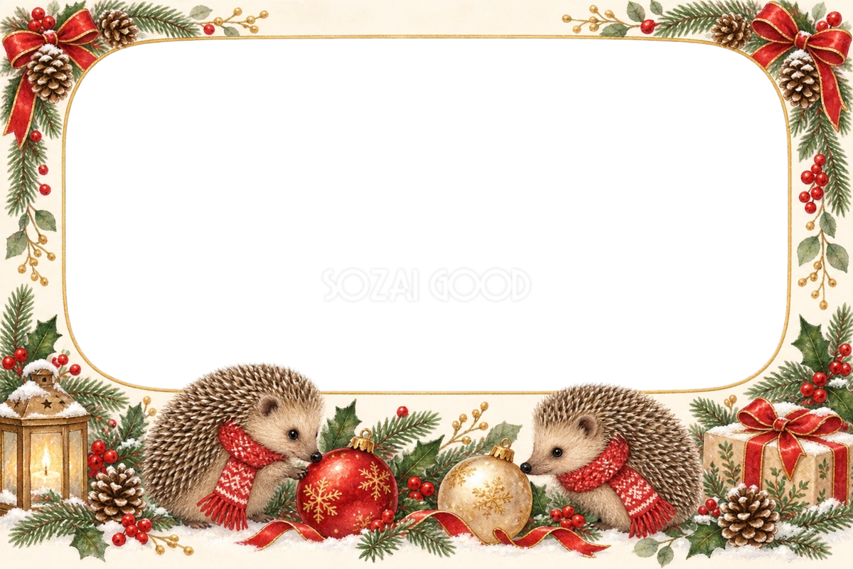 ハリネズミのクリスマス写真フレーム|オーナメントの飾り枠の無料イラスト97524