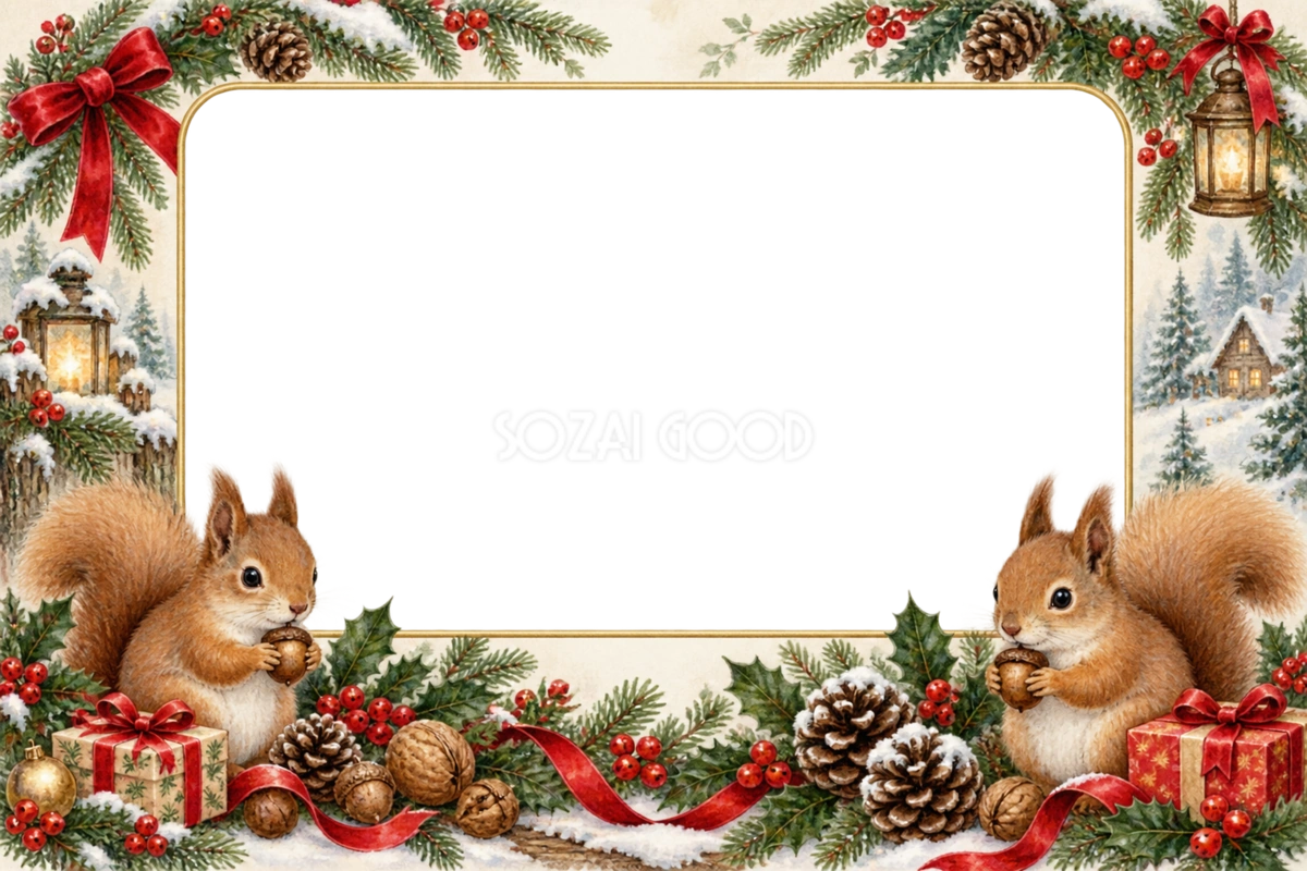 リスと木の実のクリスマス写真フレーム|森の飾り枠の無料イラスト97525
