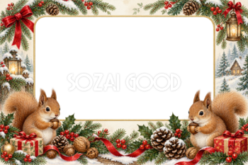 リスと木の実のクリスマス写真フレーム｜森の飾り枠の無料イラスト97525