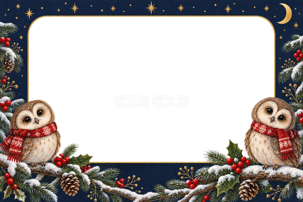 フクロウと星空のクリスマス写真フレーム|紺と金の枠の無料イラスト97527