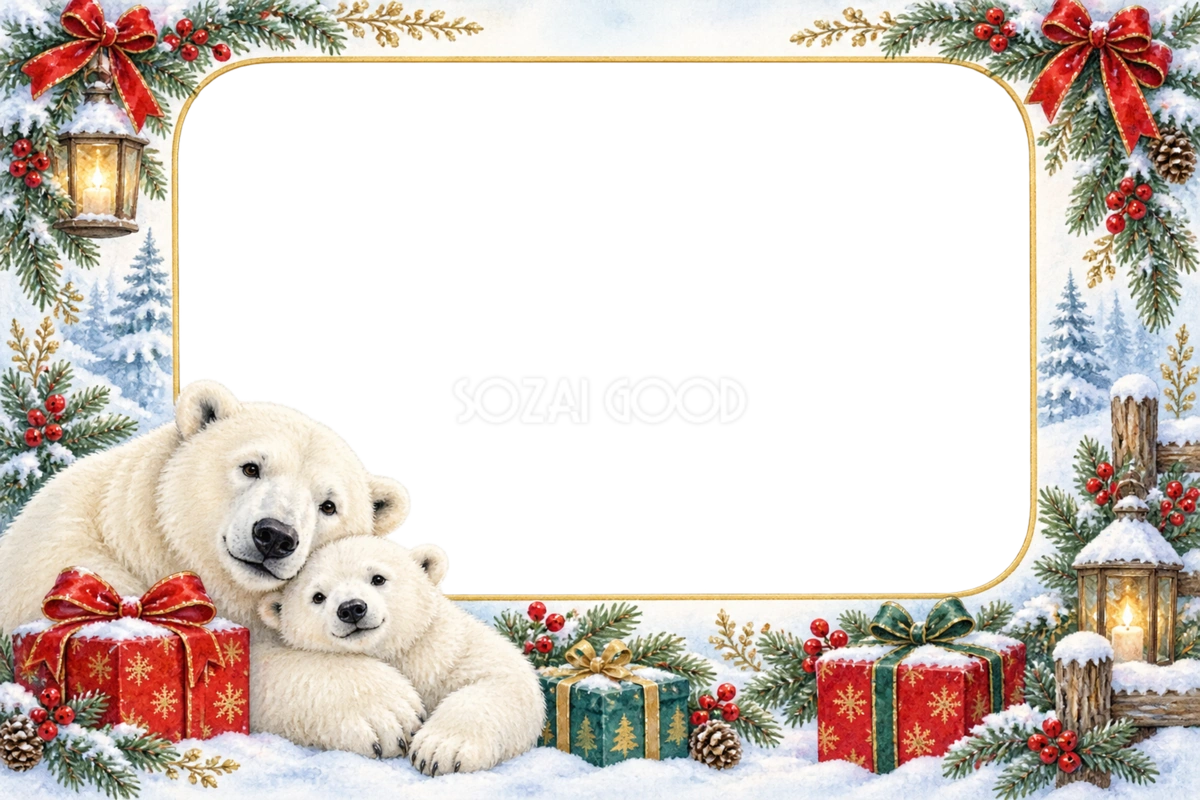 シロクマとプレゼントのクリスマス写真フレーム|親子を添えた枠の無料イラスト97529
