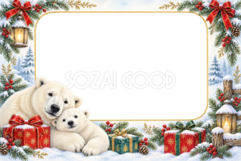 シロクマとプレゼントのクリスマス写真フレーム｜親子を添えた枠の無料イラスト97529