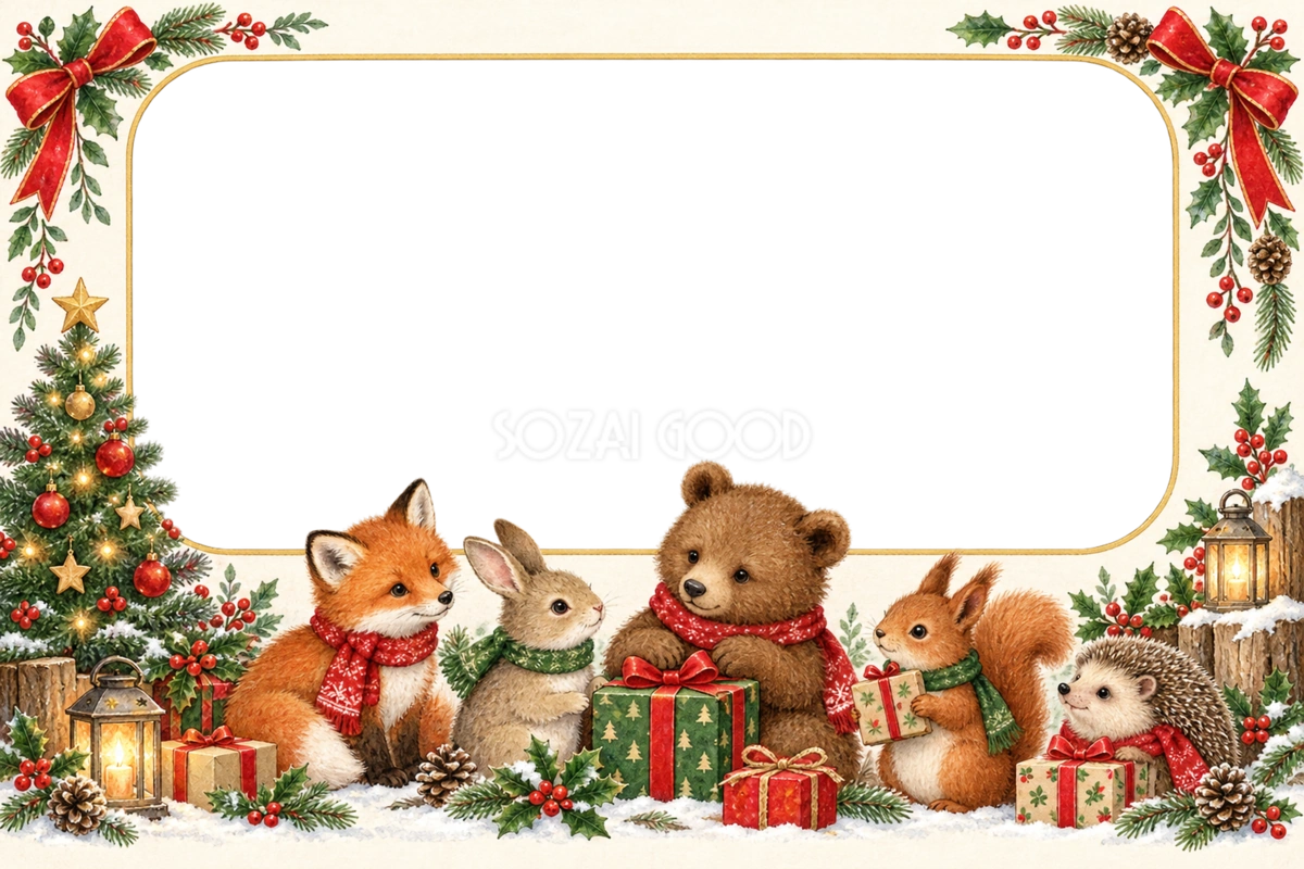 森の動物たちのクリスマス写真フレーム|にぎやかな飾り枠の無料イラスト97530