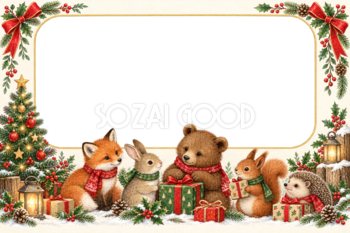 森の動物たちのクリスマス写真フレーム｜にぎやかな飾り枠の無料イラスト97530