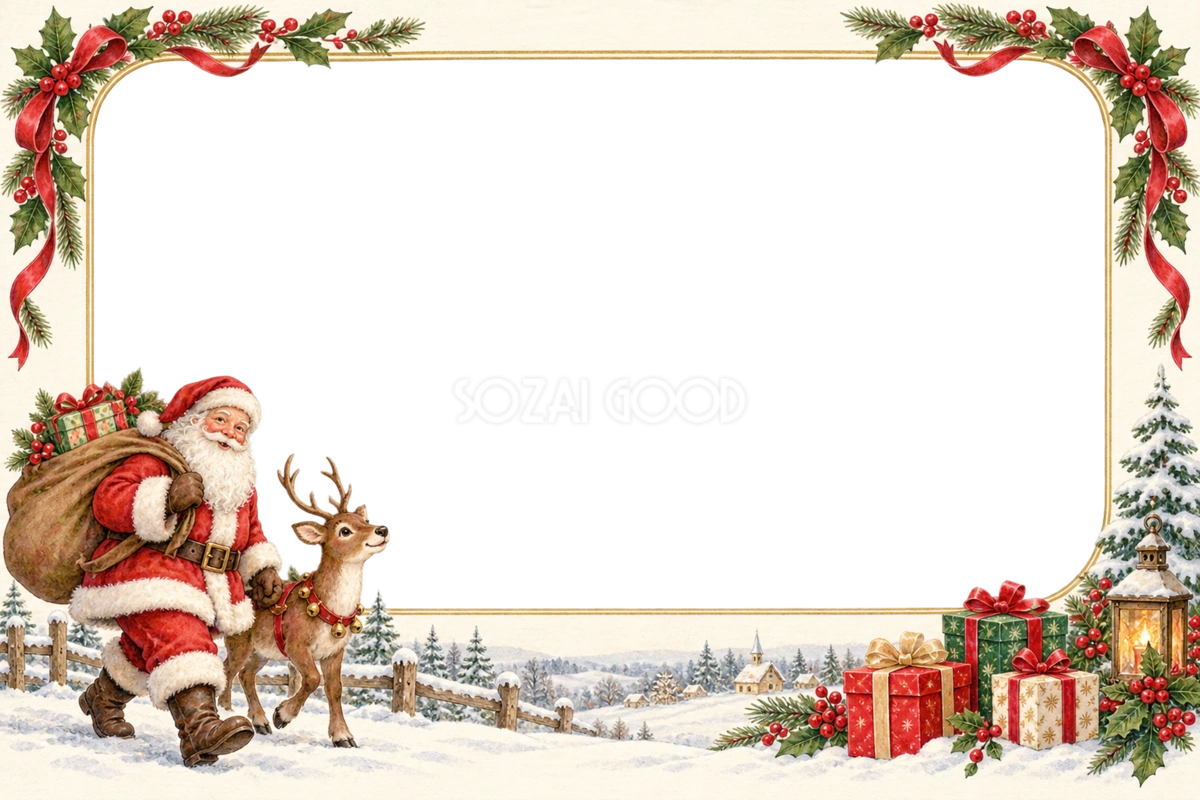 プレゼントを運ぶサンタとトナカイのクリスマス写真フレーム|飾り枠の無料イラスト97545
