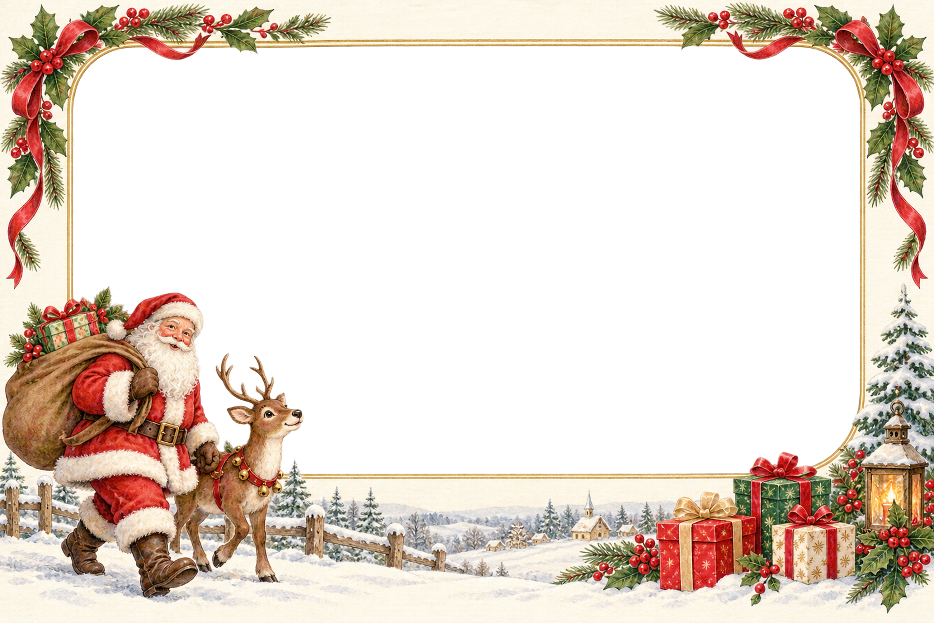 プレゼントを運ぶサンタとトナカイのクリスマス写真フレーム｜飾り枠の無料イラスト97545に写真・文字を入れる