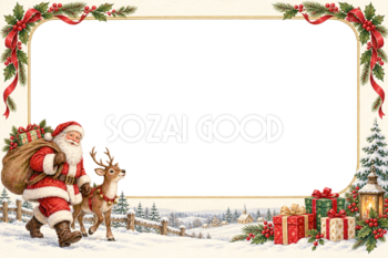 プレゼントを運ぶサンタとトナカイのクリスマス写真フレーム｜飾り枠の無料イラスト97545