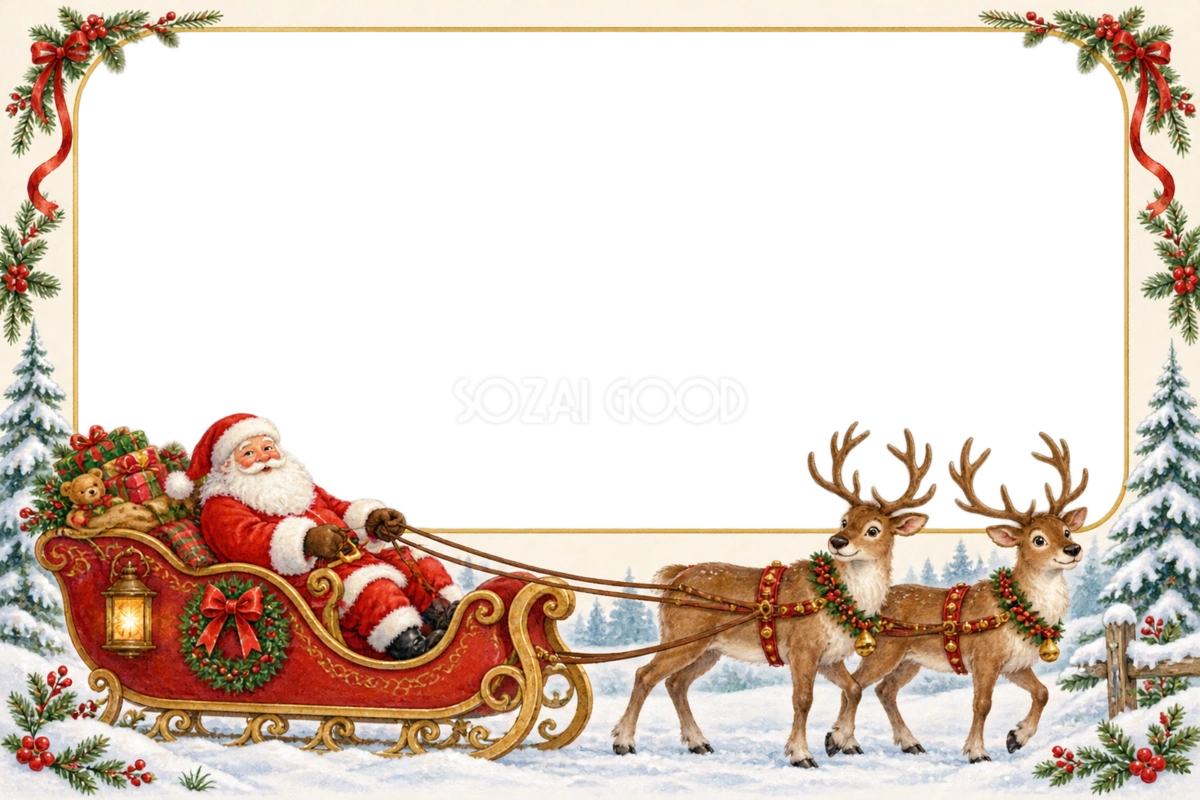 そりに乗るサンタとトナカイのクリスマス写真フレーム|横長の枠・無料イラスト97546