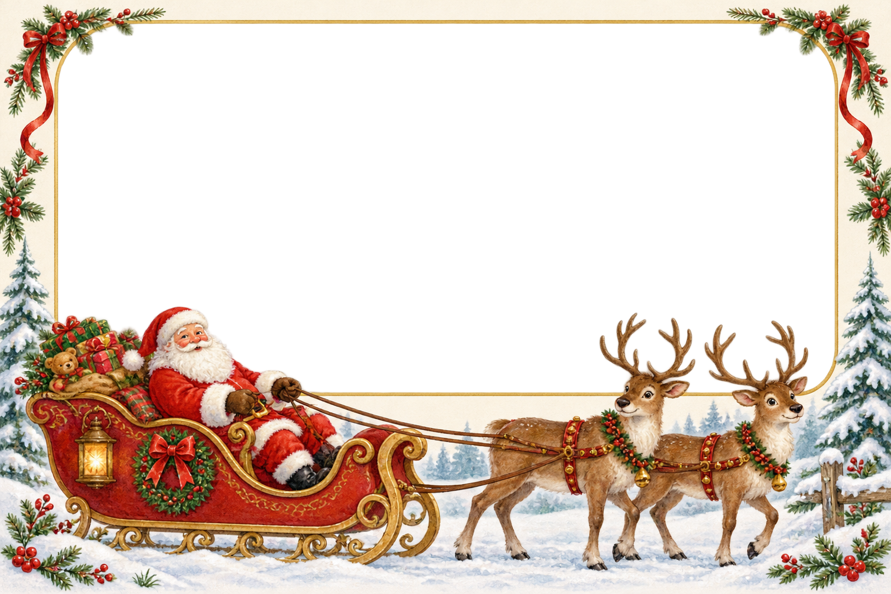 そりに乗るサンタとトナカイのクリスマス写真フレーム｜横長の枠・無料イラスト97546に写真・文字を入れる