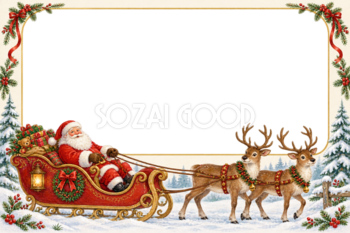 そりに乗るサンタとトナカイのクリスマス写真フレーム｜横長の枠・無料イラスト97546