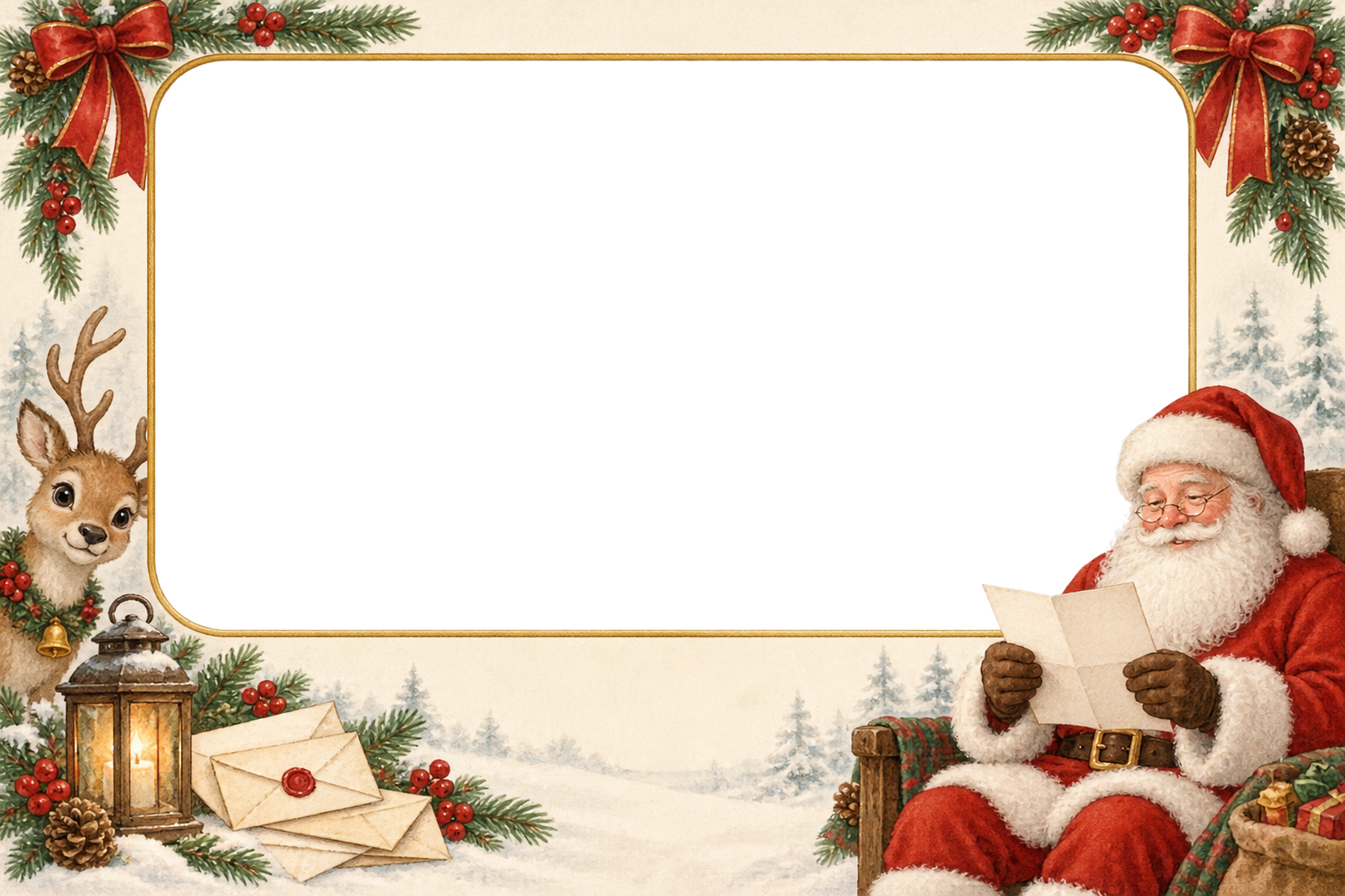 手紙を読むサンタのクリスマス写真フレーム｜トナカイを添えた枠の無料イラスト97548に写真・文字を入れる