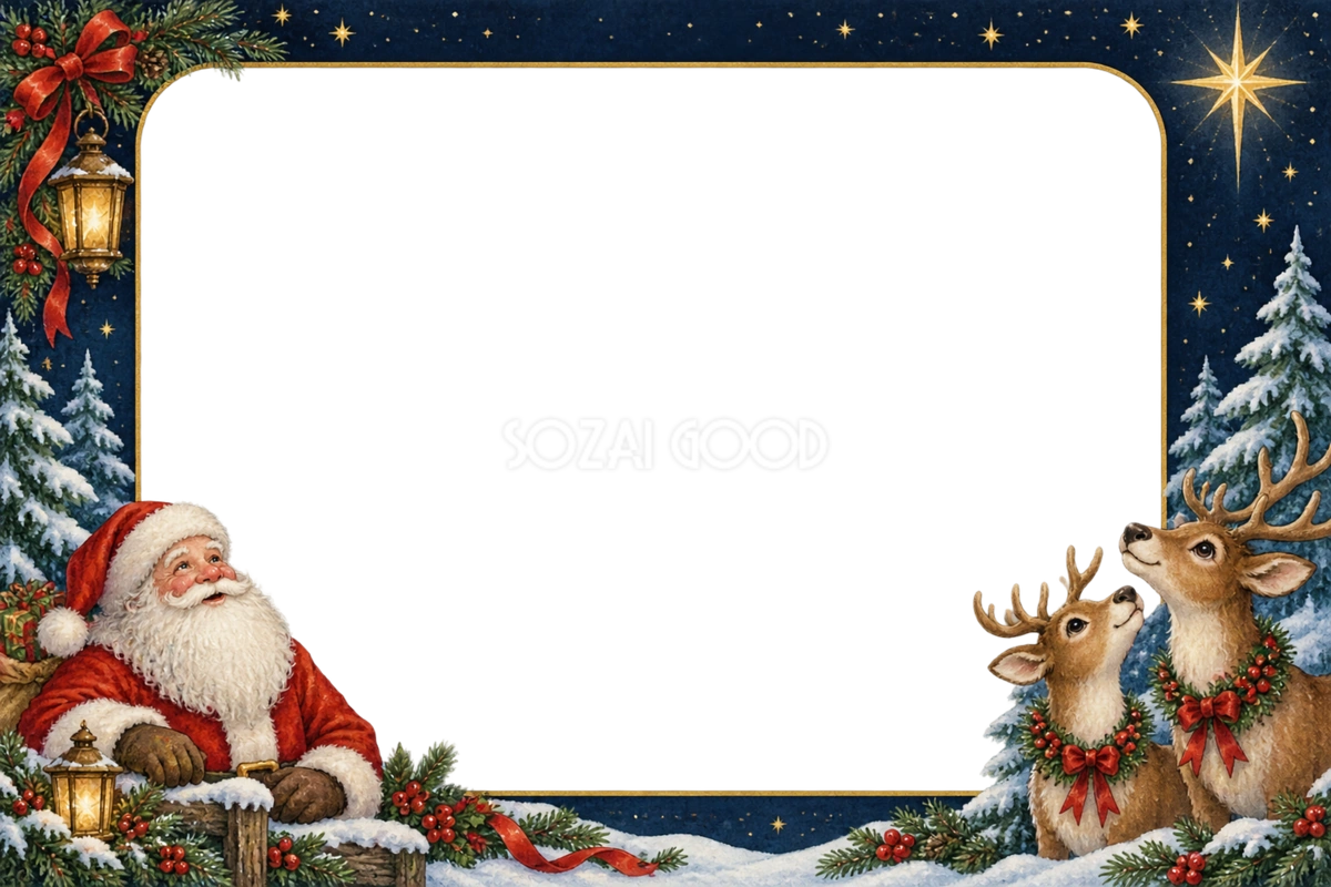 星を見上げるトナカイのクリスマス写真フレーム|紺と金の枠・無料イラスト97549