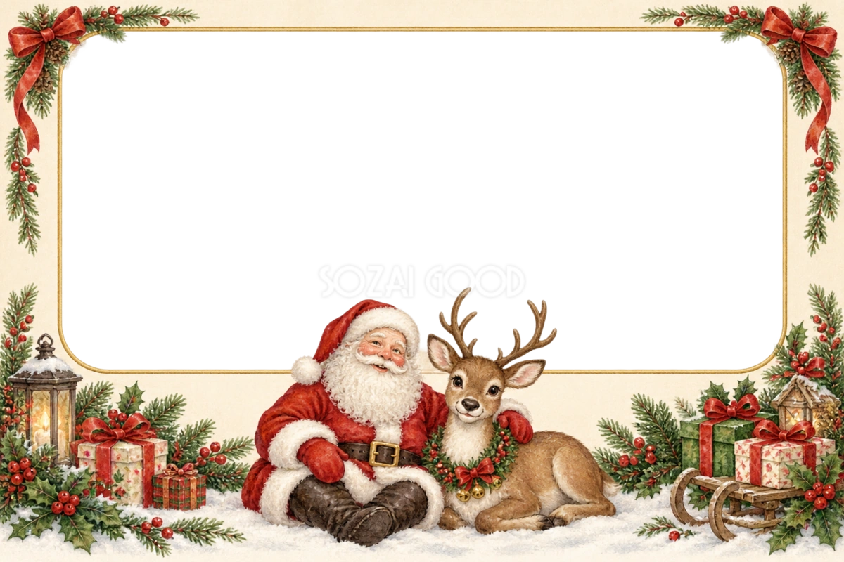 仲良く並ぶサンタとトナカイのクリスマス写真フレーム|優しい枠の無料イラスト97550