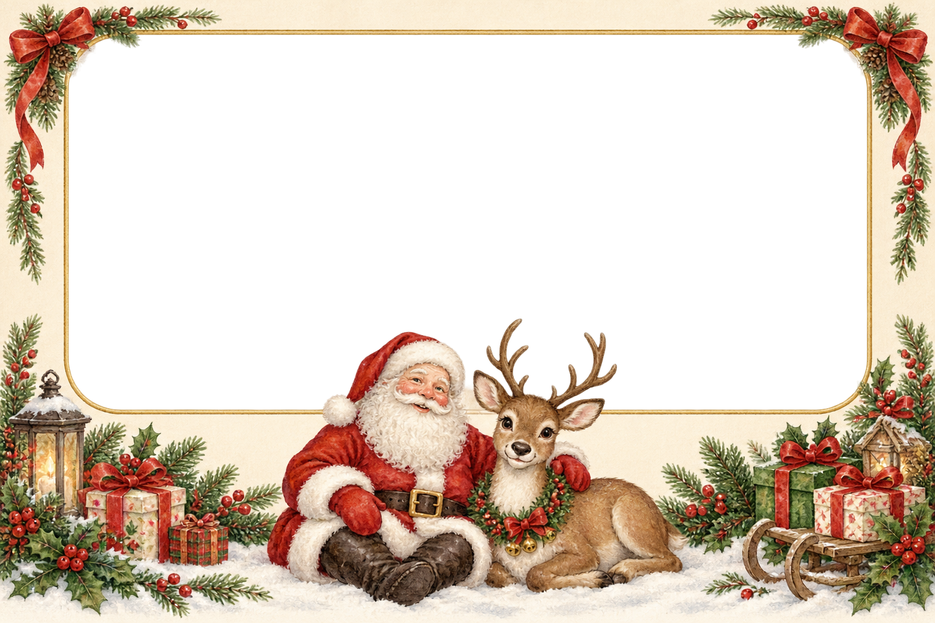 仲良く並ぶサンタとトナカイのクリスマス写真フレーム｜優しい枠の無料イラスト97550に写真・文字を入れる