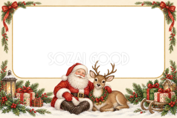 仲良く並ぶサンタとトナカイのクリスマス写真フレーム｜優しい枠の無料イラスト97550